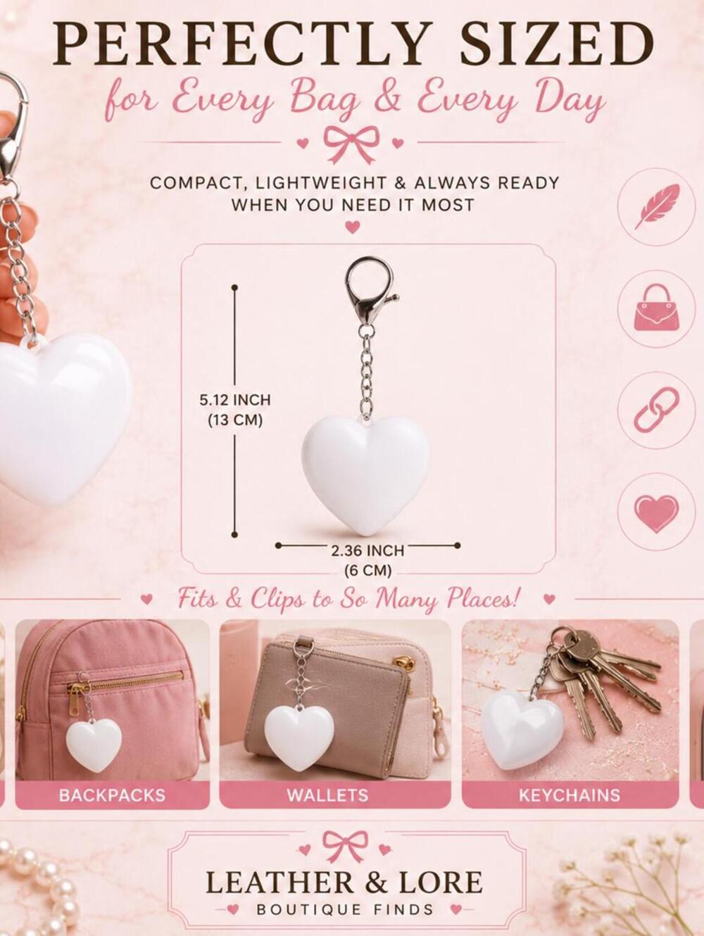 Heart LED Purse Light - Rechargeable White Keychain Accessory - Picture 6 of 9